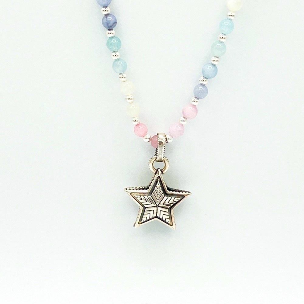 Long rainbow, precious gem and sterling silver necklace